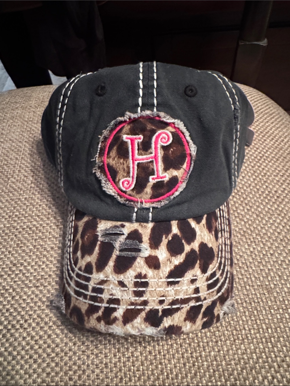 Women’s Black Baseball Cap with Leopard Bill and Pink 'H' Patch